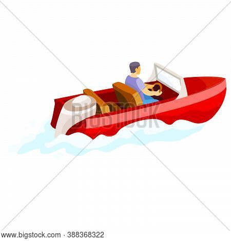 Man Drives A Motor Boat, Isolated Object On A White Background, Vector Illustration, Eps