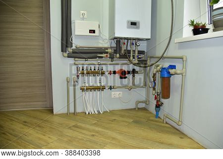 Independent Heating System In Boiler Room At Home. Domestic Water Supply System. Water Supply For Un