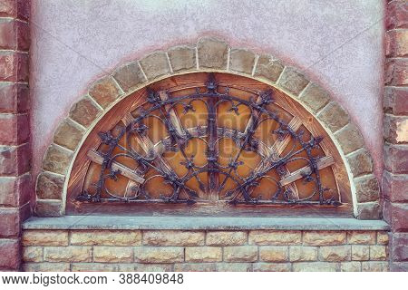 The Old Semicircular Window With Bars. Wooden Window Made In Half Circle. And Stoned., Background