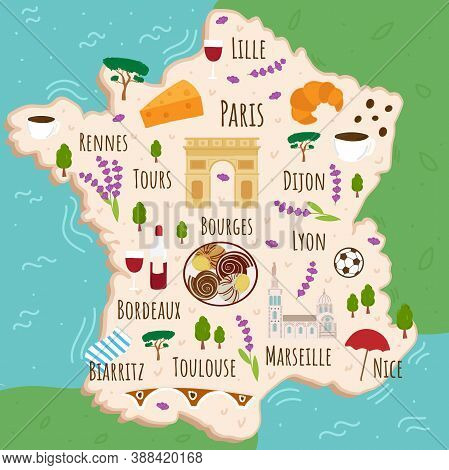 Cartoon Map Of France. Travel Illustration With Landmarks, Buildings, Food And Plants. Funny Tourist