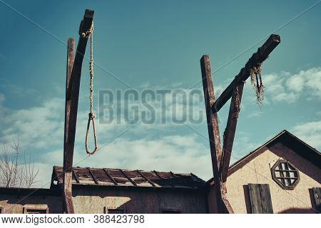 Gallows In The Evening Sunset On The Background Of Old House, Background S