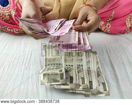 Woman Hands Counting Money Bank Notes Rupees Closeup , Indian Woman In Saari Wealth And Investment C