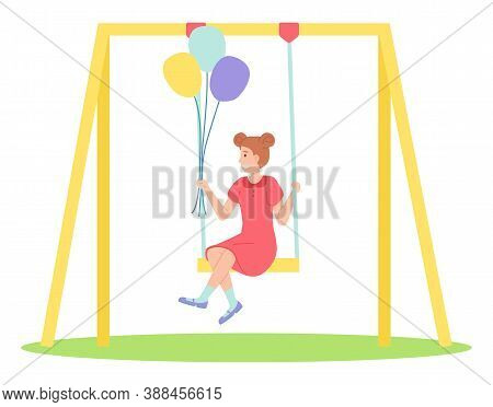 Girl Holding Bunch Of Balloons Swinging On A Slide Swing At The Playing Field. Happy Cartoon Kid Pla