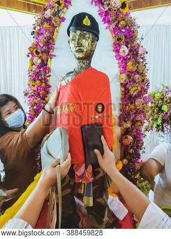 Nakhon Si Thammarat ,thailand-august 29,2020 : The Sacred Wooden Sculpture Of Ai Khai At Wat Chedi I