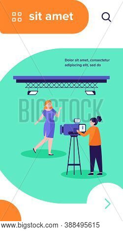 Camerawoman Working With Model In Studio. Filming Video, Blue Backdrop Flat Vector Illustration. Vid
