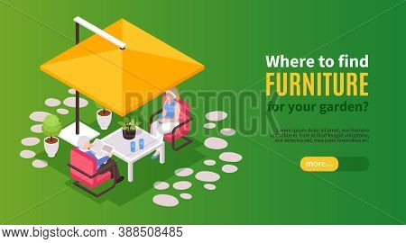 Isometric Garden Furniture Horizontal Banner With Text Slider Button And Elderly Couple Sitting Unde