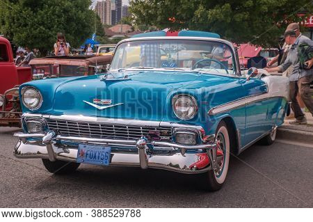 Toronto, Canada - 08 18 2018: Gorgeous Blue 1956 Chevrolet Bel Air Convertible Oldtimer Car On Displ