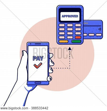 Outline Vector Illustration: Hand Holding Phone, Paying Or Buying. The Concept Of A Contactless Paym