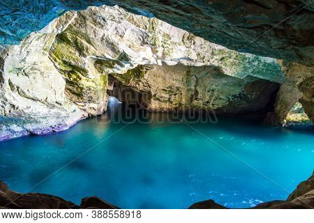 Grottoes Rosh - ha - Nikra - geological formation in northern Israel, on the border with Lebanon.  The color of sea water changes from azure to dark blue. The concept of active, eco and photo tourism