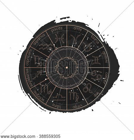 Vector Illustration Of Zodiac Signs And Horoscope Circle On A Grunge Ink Background. Image In Gold A