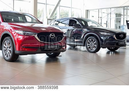 Russia, Izhevsk - August 06, 2020: New Prestigious Cx-5 Cars In The Mazda Showroom.