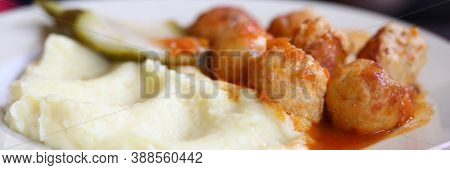 On Dinner Plate, Mitbola Mashed Potatoes And Pickled Cucumber. Menu For Cafes And Restaurants Concep