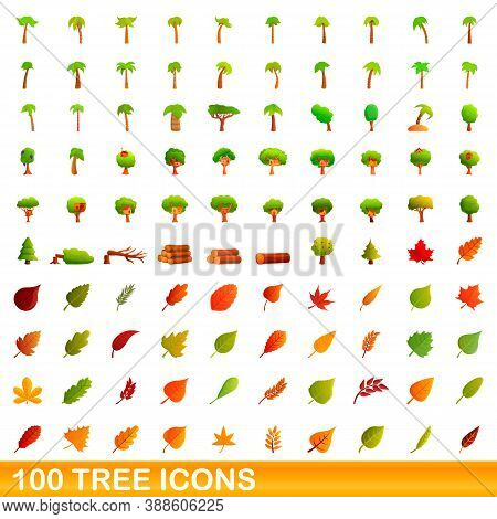 100 Tree Icons Set. Cartoon Illustration Of 100 Tree Icons Vector Set Isolated On White Background