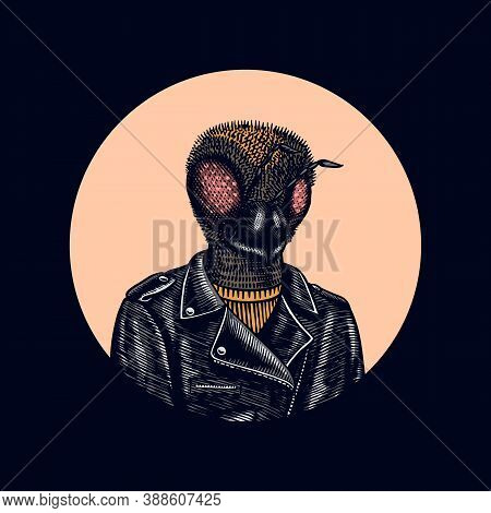 Bee Biker. Fly In A Leather Jacket. Fashion Insect Character. Hand Drawn Sketch. Vector Engraved Ill