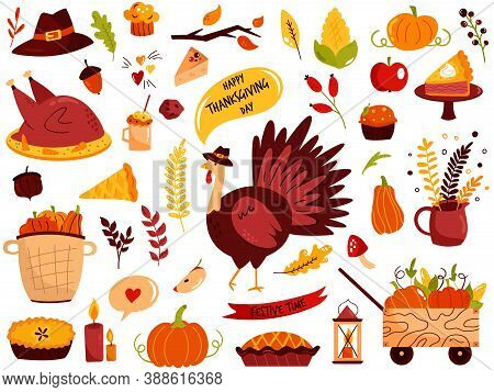 Big Set Of Thanksgiving Symbols Turkey, Pie, Pumpkin, Corn, Sweets