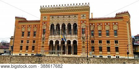 Sarajevo, Bih, March 8, 2020. City Hall, Sarajevo, Bosnia And Herzegovina. Vijecnica Is The National