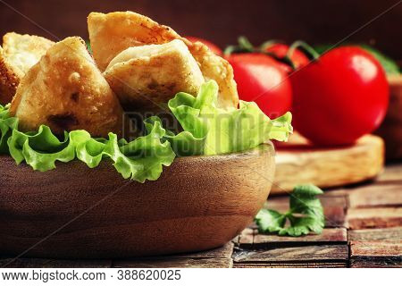 Homemade Fried Little Pies With Meat In A Bowl, Vintage Wooden Background, Rustic Style, Selective F