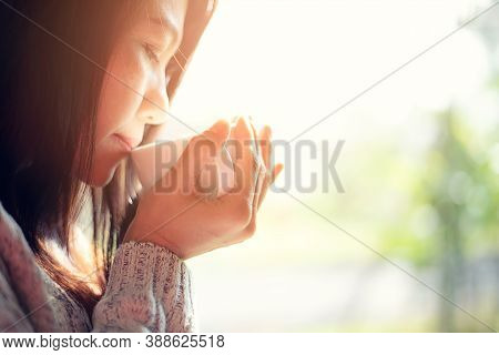 Asia Woman Hand Holding White Cup Of Coffee Near Window At The Winter Weather Relax Time, Green Naut