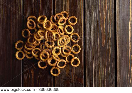 Traditional Russian Small Bagels On Dark Rustic Table Background, Top View, Copy Space