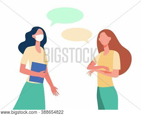 Woman In Mask Talking To Chickenpox Infected Friend. Friends, Students, Speech Bubbles Flat Vector I
