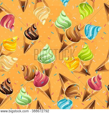 Vector Seamless Pattern Bright Illustration, Ice Cream Sweet Dessert