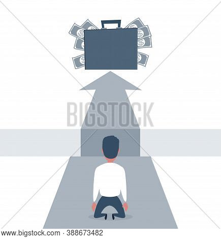 Sad Businessman Kneeling And Looking Down Over Big Gap On Way And Money In Suitcase At The Top Of It