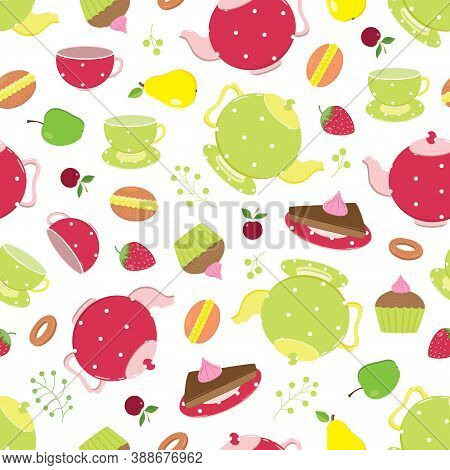 Vector Seamless Pattern With Tea Pots, Cups, Fruit And Sweats For Holiday Tea Drinking. Childish Sty