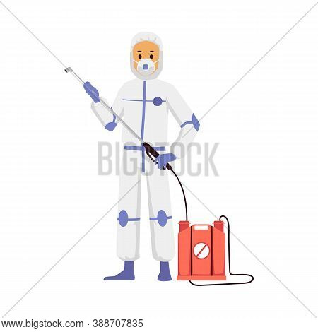 Pest Control Worker Holding Blowgun, Flat Vector Illustration Isolated.