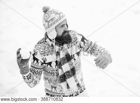 Happy Hipster Play Snowballs. Winter Season. Christmas Snow Activity. Winter Holiday. Morning Before