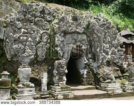 Goa Gajah Temple Or Elephant Cave, The Temple Is Characterised By Carved Into The Stone. The Primary