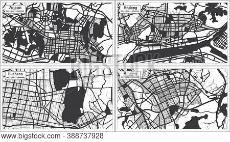 Bucheon, Andong, Anyang and Ansan South Korea City Maps Set in Black and White Color in Retro Style. Outline Maps.