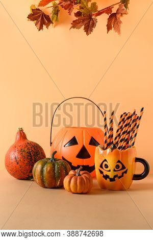 Halloween Fun Party Decorations, Candy Bowl, Pumpkins, Sweets, Mug With Drinking Starw R On Orange B