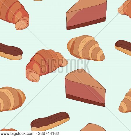 Seamless Background With Croissants And Chocolate Cheesecake