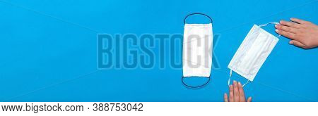 Various Face Masks For Protection Virus, Flu, Coronavirus, Covid-19. Medical Disposal And Cotton Reu