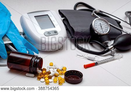 Different Medical Objects On White Background. Health Care.