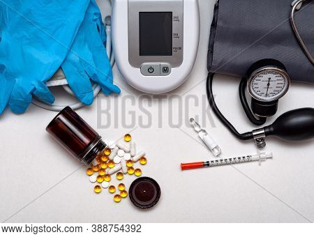 Different Medical Objects On White Background. Health Care. Top View.