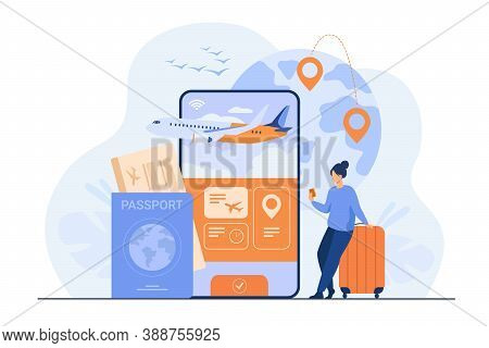 Online App For Tourism. Traveler With Mobile Phone And Passport Booking Or Buying Plane Ticket. Flat
