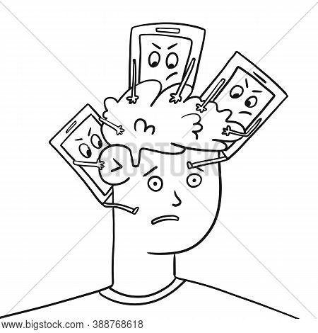 Guys Head Is Busy With Phones, Flat Banner. The Guys Head Is Busy With Phones, Flat Banner. The Infl