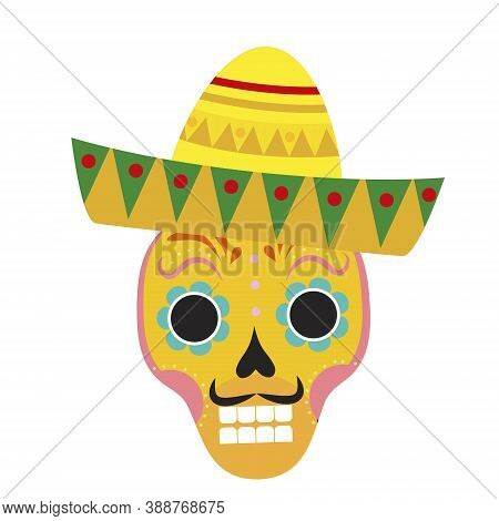 Day Of Death Skull In Sombrero Flat Icon, Cartoon Style. Vector Illustration