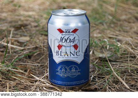 Kharkov, Ukraine - August 23, 2020 : One Metal Can Of Kronenbourg 1664 Blanc Light Lager Outdoors. K