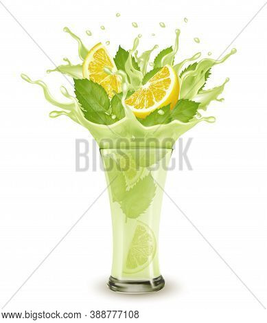 Fresh Fruit Drink Splash. Whole And Sliced Limon And Green Mint  In A Fresh Juice Or Cocktail With S