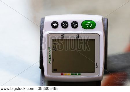 Close Up, Detail Of Blood Pressure Cuff Monitor Isolated. Digital Blood Pressure Measuring Device. B