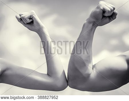 Muscular Arm Vs Weak Hand. Vs, Fight Hard. Competition, Strength Comparison. Rivalry Concept. Rivalr