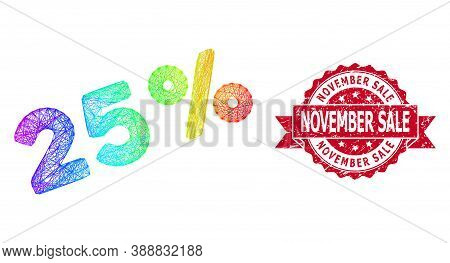 Rainbow Vibrant Wire Frame 25 Percents, And November Sale Scratched Ribbon Seal Print. Red Stamp Sea