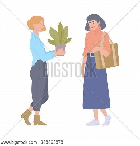 Women Attending Reusing Swap Party, Flat Cartoon Vector Illustration Isolated