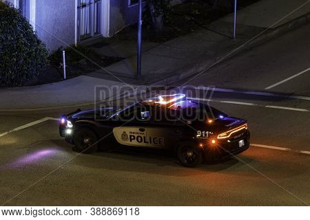 Vancouver, Canada - Circa 2020 : Vancouver Police Cruiser With Lights Flashing