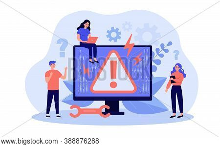 System Error Concept. Upset Tiny People Standing At Computer With Warning Symbol On Monitor. Vector 
