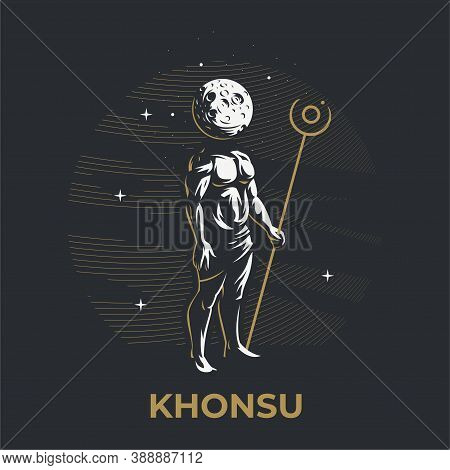 Egyptian God Khonsu. A Man With A Moon Instead Of A Head And A Staff. Ankh. Vector Illustration.