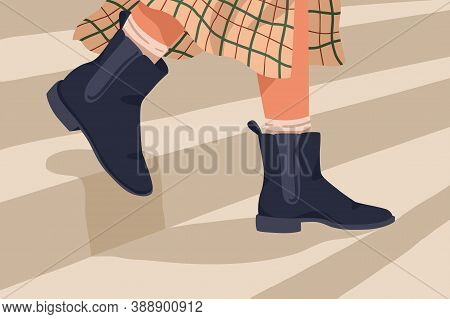 Woman In Black Trendy Chelsea Boots. Female Legs In Stylish Comfortable Leather Demi-season Footwear