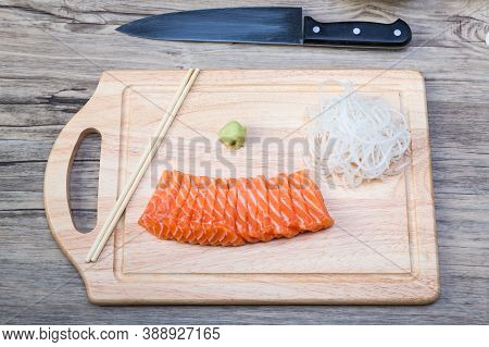 Salmon Fillet Sliced. Salmon Raw Sashimi. Japanese Cuisine. Delicious Fresh Slices Of Salmon Fish Fi